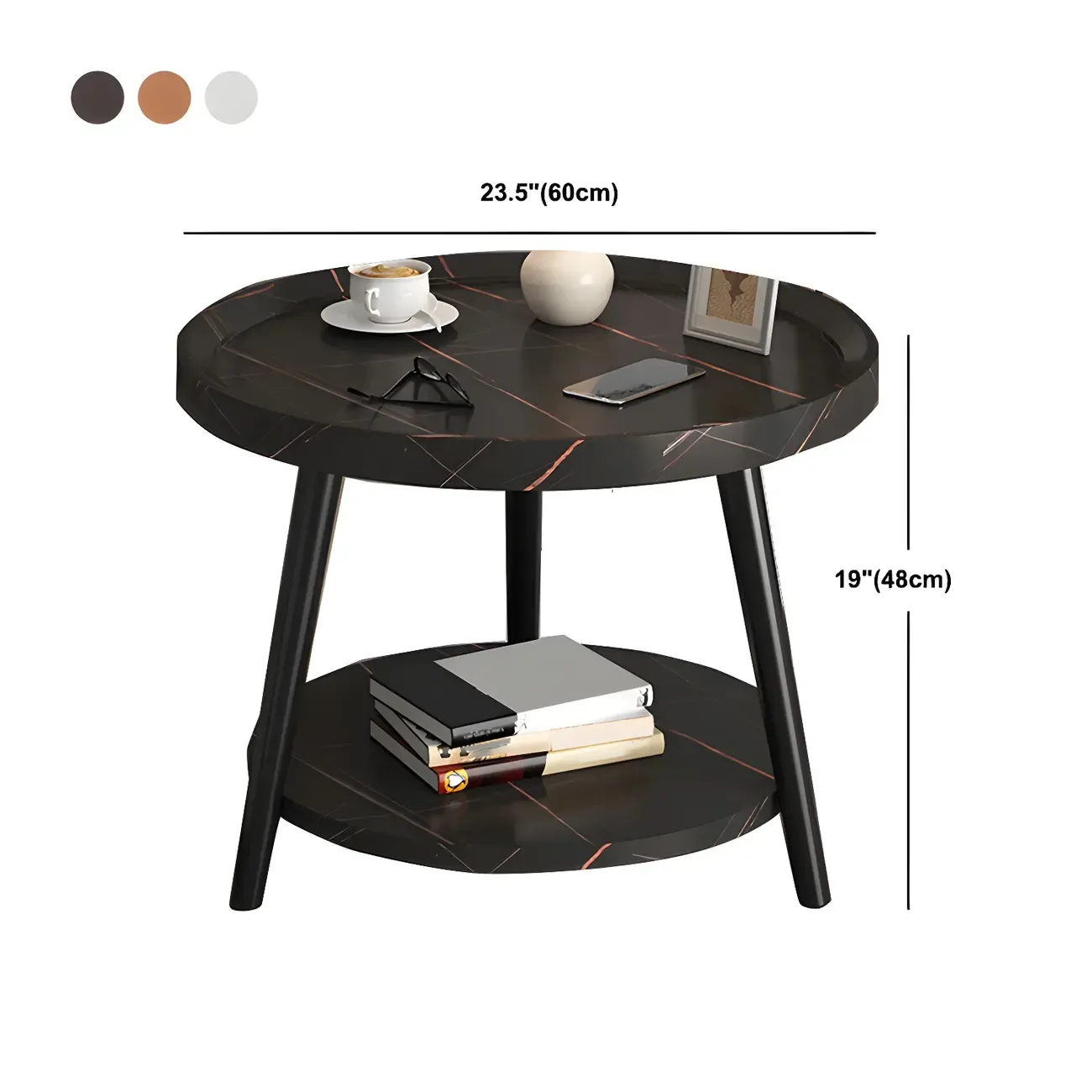 Natural Espresso Wood Small Round End Side Table with Tray Top & Shelf
