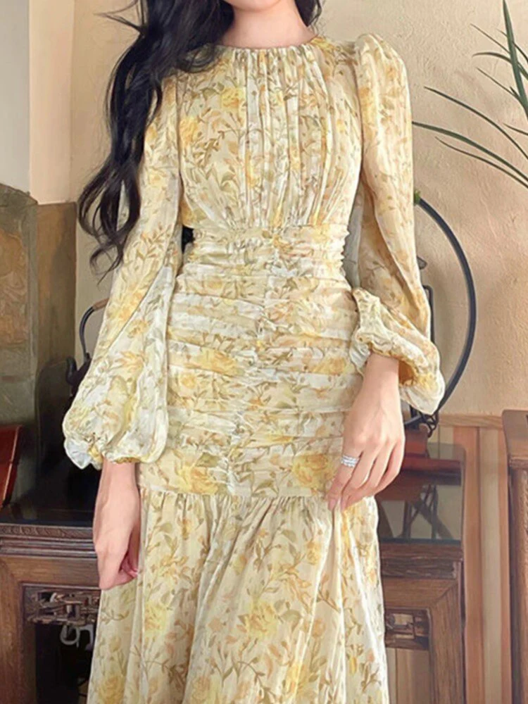 Hulianfu Floral Print Lace Midi Dresses for Women Clothing Elegant Long Sleeve Folds Party Prom Female Beach Bodycon Dress Summer 2026 - Deanwangkt
