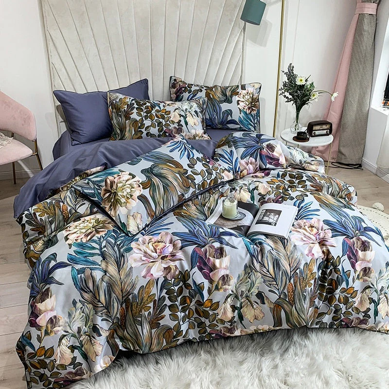 HULIANFU Tropical Leaves Flowers Duvet cover set Silky Soft 100%Egyptian Cotton Bedding set Queen King Bed sheet Quilt Cover Pillowcases - Deanwangkt