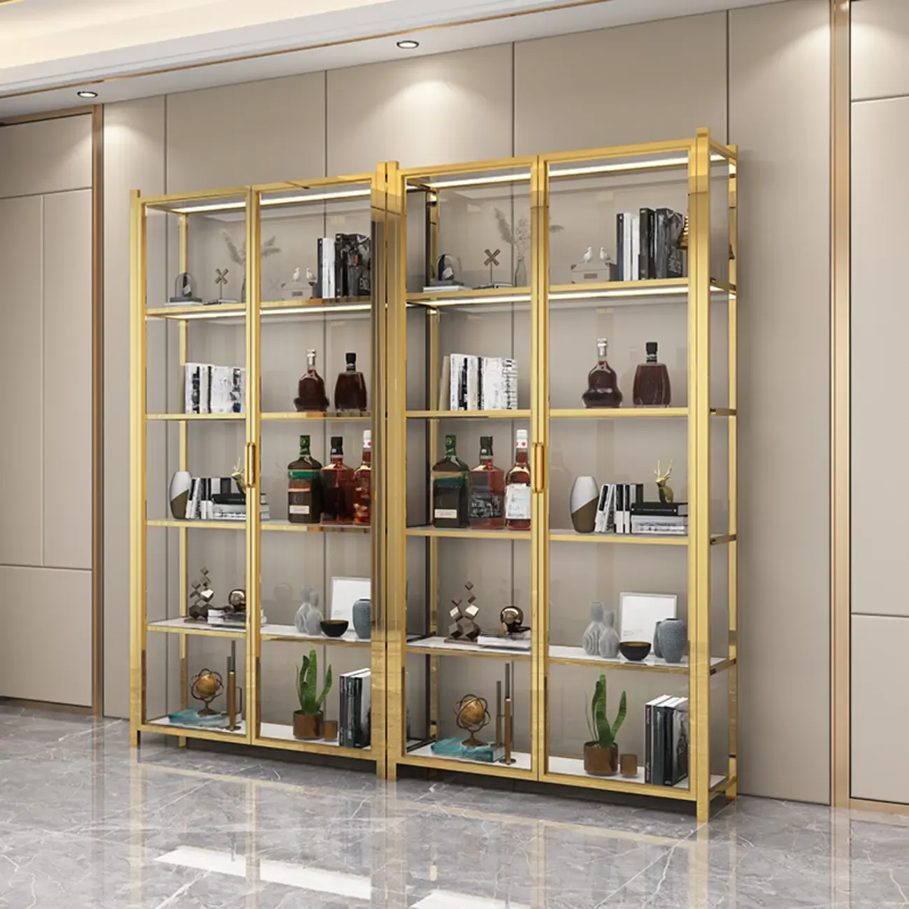 Freestanding Gold Glass Display Cabinet with LED Lights