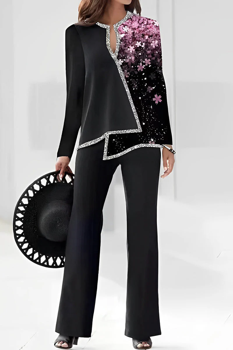 hulianfu Casual Print Asymmetrical V Neck Long Sleeve Two Pieces - Deanwangkt