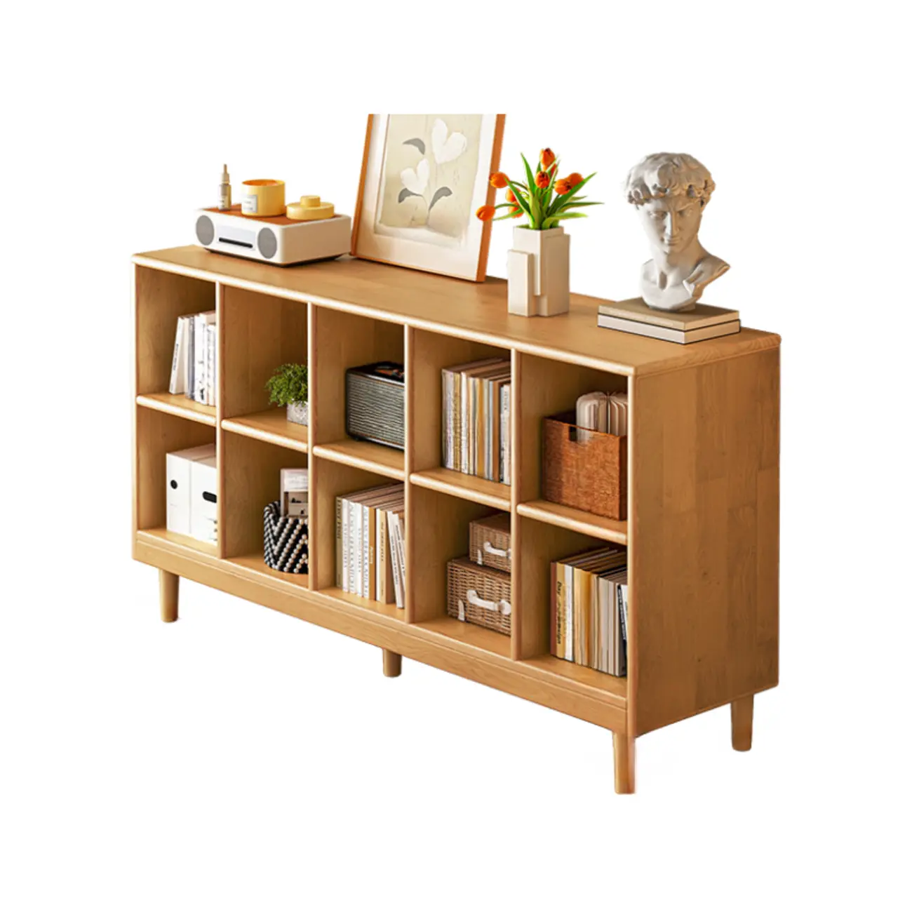 Brown Natural Wood Freestanding Modular Cube Bookcase
