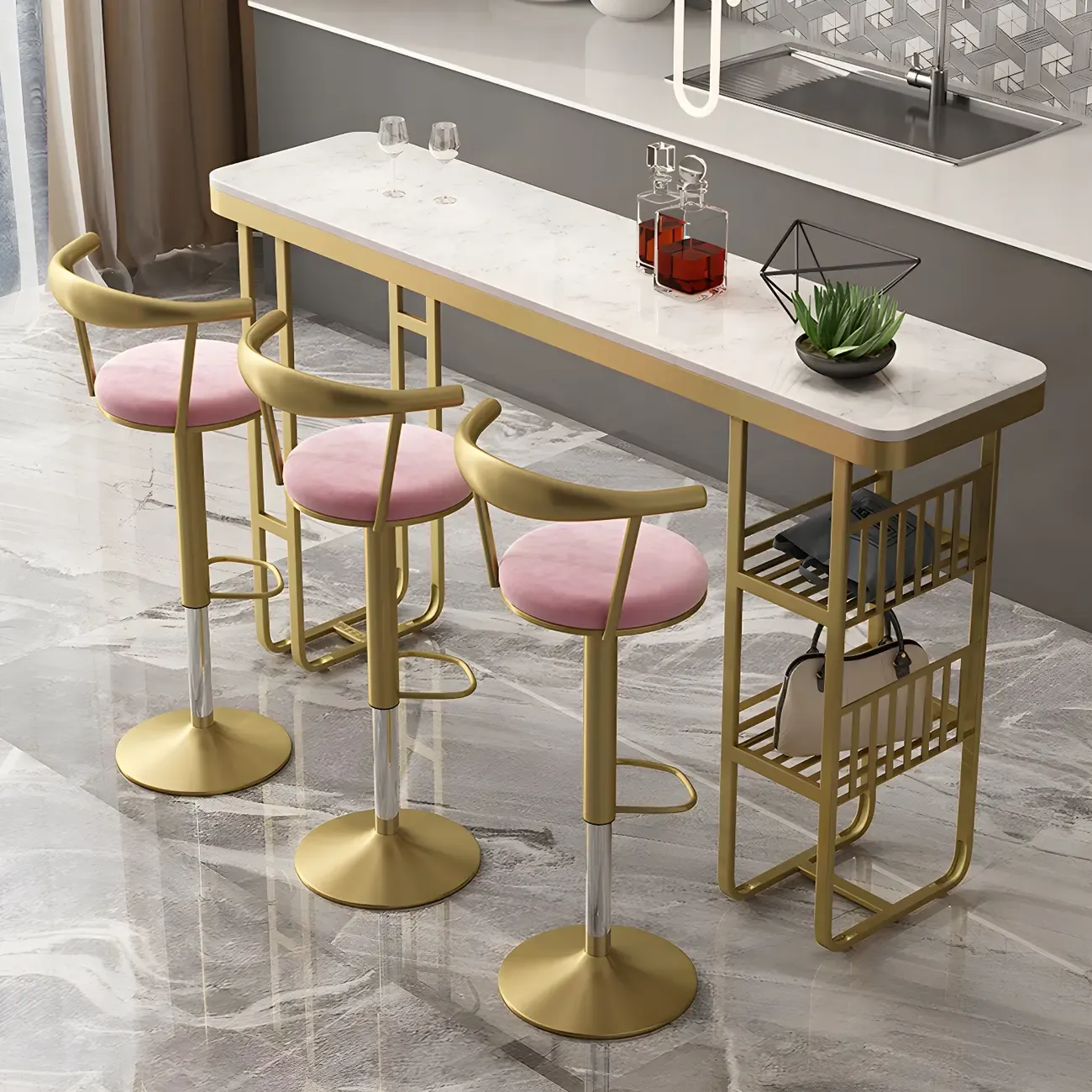 Glam Gold White Faux Marble Shelf Bar Tables