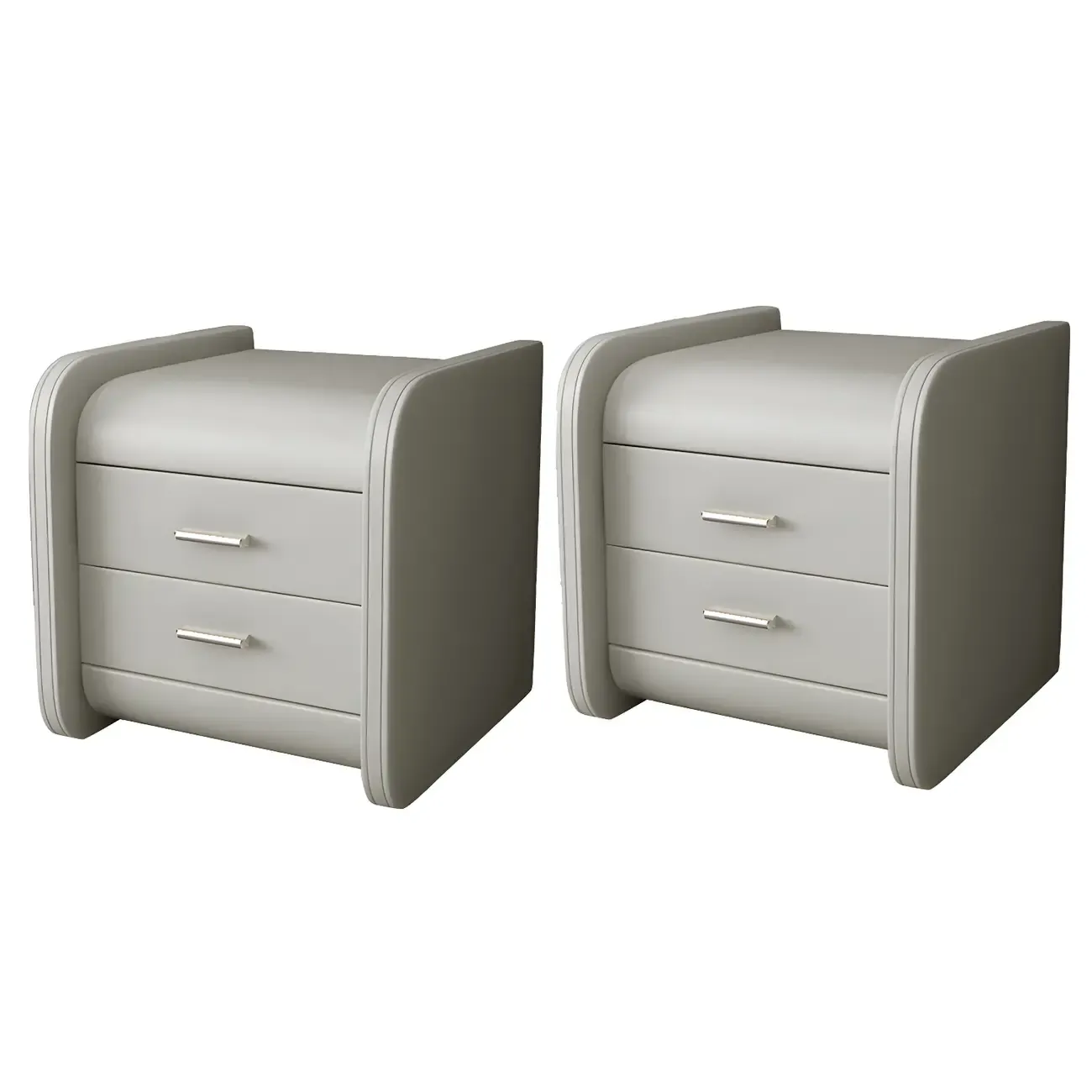 Modern Round Edge Nightstand with 2 Drawers in Beige Leather