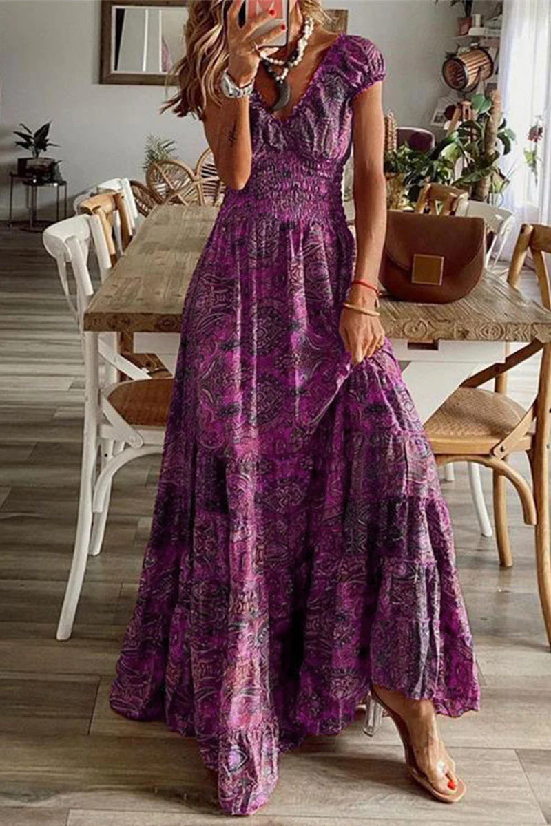 hulianfu - Bohemian College Print Fold V Neck A Line Dresses(6 Colors) - Deanwangkt