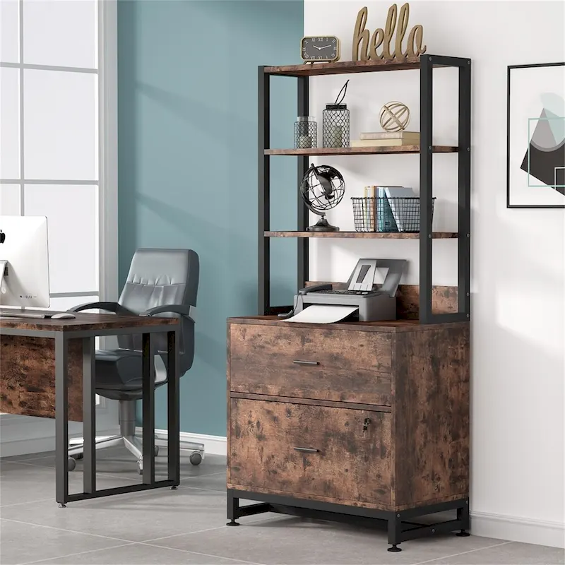 Brown/ Black 4-Tier Tall File Cabinet with Lock, Multi-Functional Shelf Units for Collection,Filing Cabinet Bookshlves