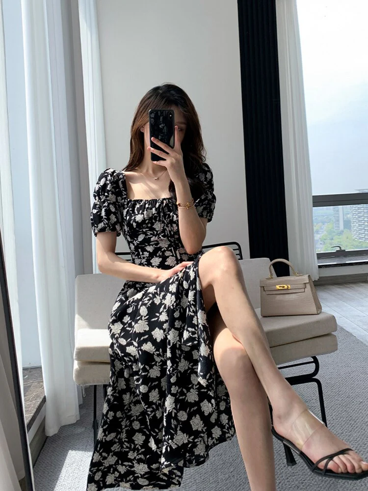 Hulianfu Vintage French Sexy Bodycon Black Floral Square Collar Office Lady Midi Chiffon Dress Women Party Elegant Clothes Summer - Deanwangkt