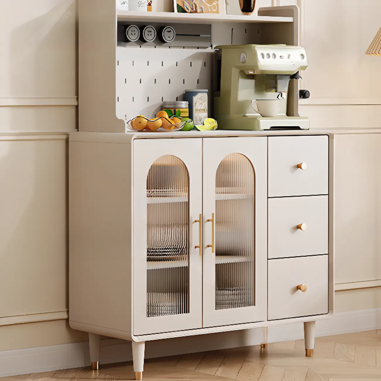 White 3-Drawer Glass Countertop Wood Sideboard