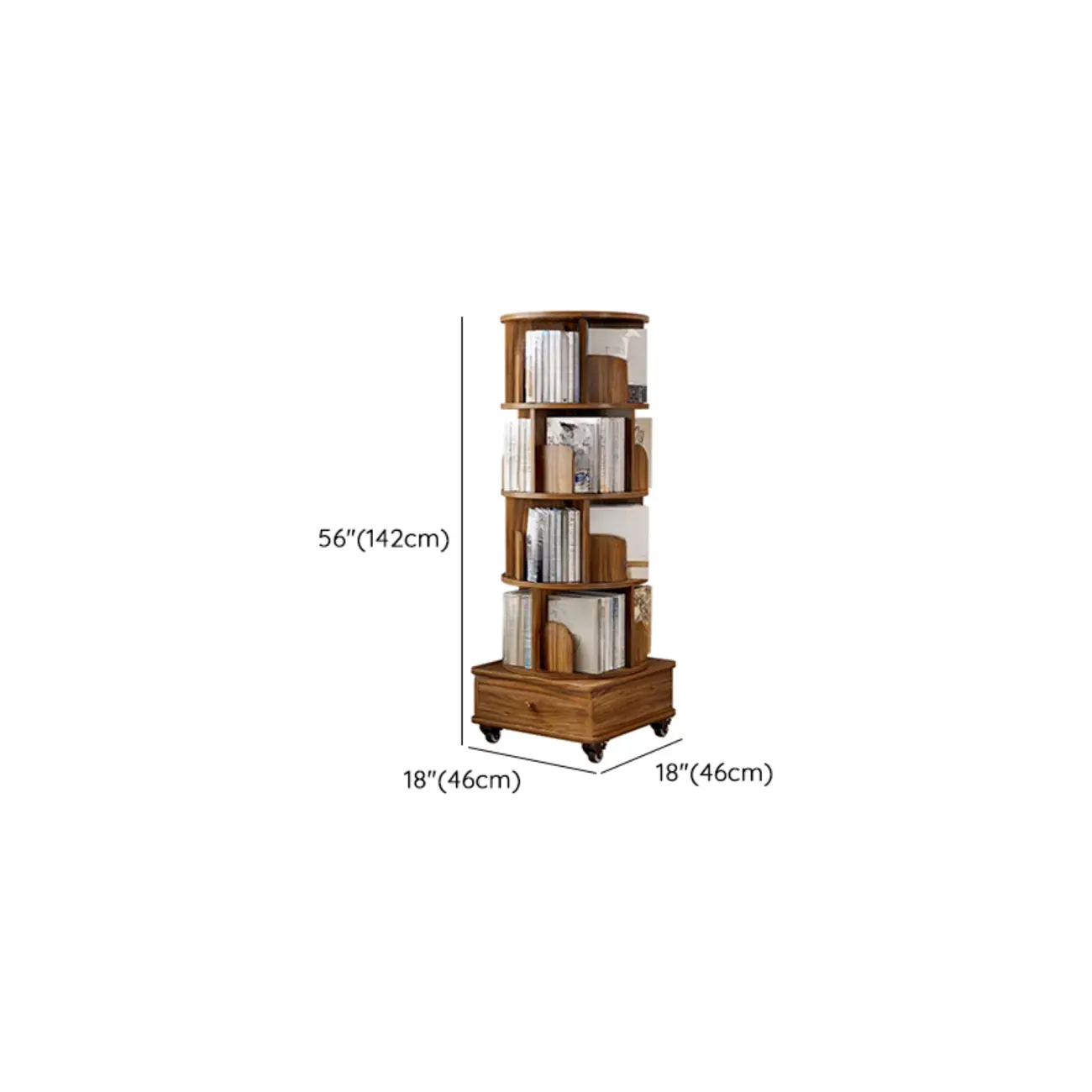 Narrow Wood 5-Tier Revolver Sliding Bookcase with Drawer