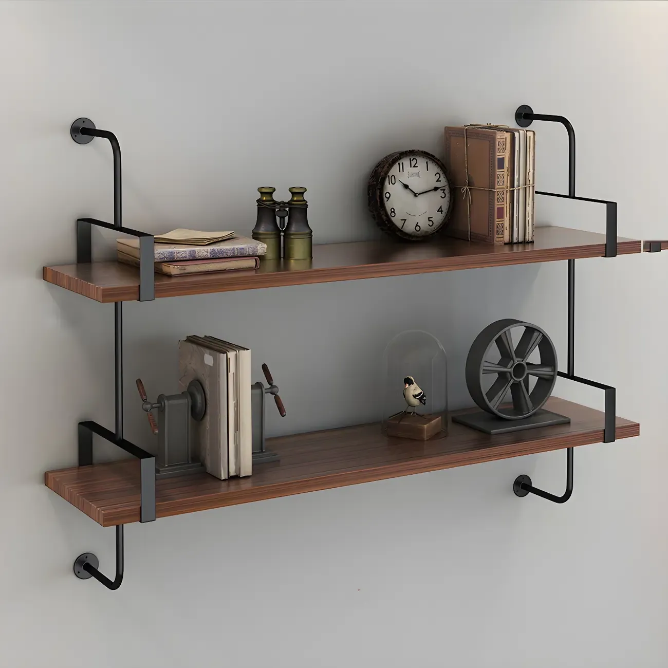 Industrial Wide 3-Tier Wooden Floating Bookcase