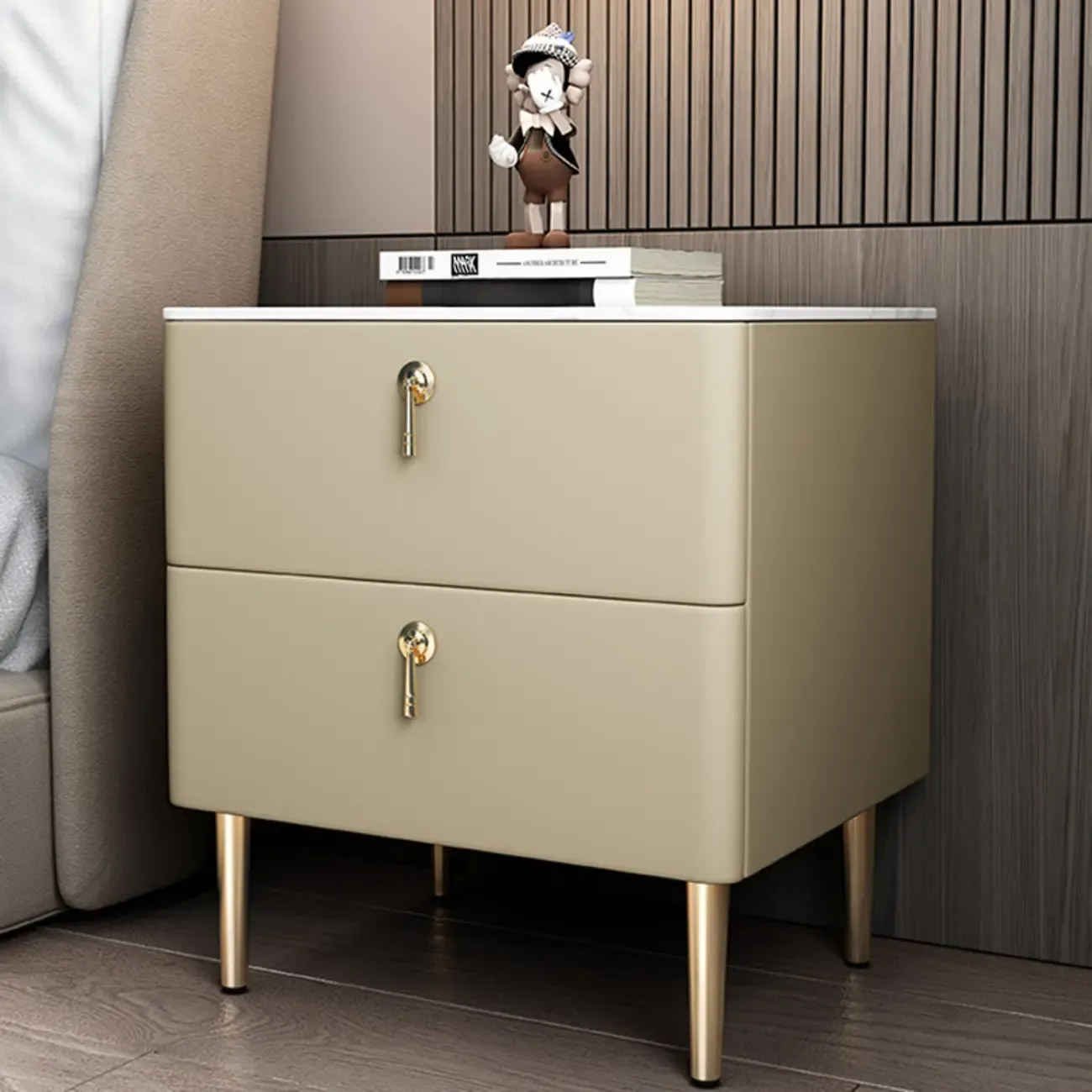 Modern Stone Top Gold Accents Leather 2 Drawer Nightstand