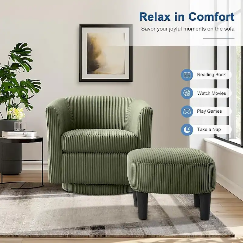 360 Swivel Accent Chair with Ottoman, Barrel Chair with Upholstered