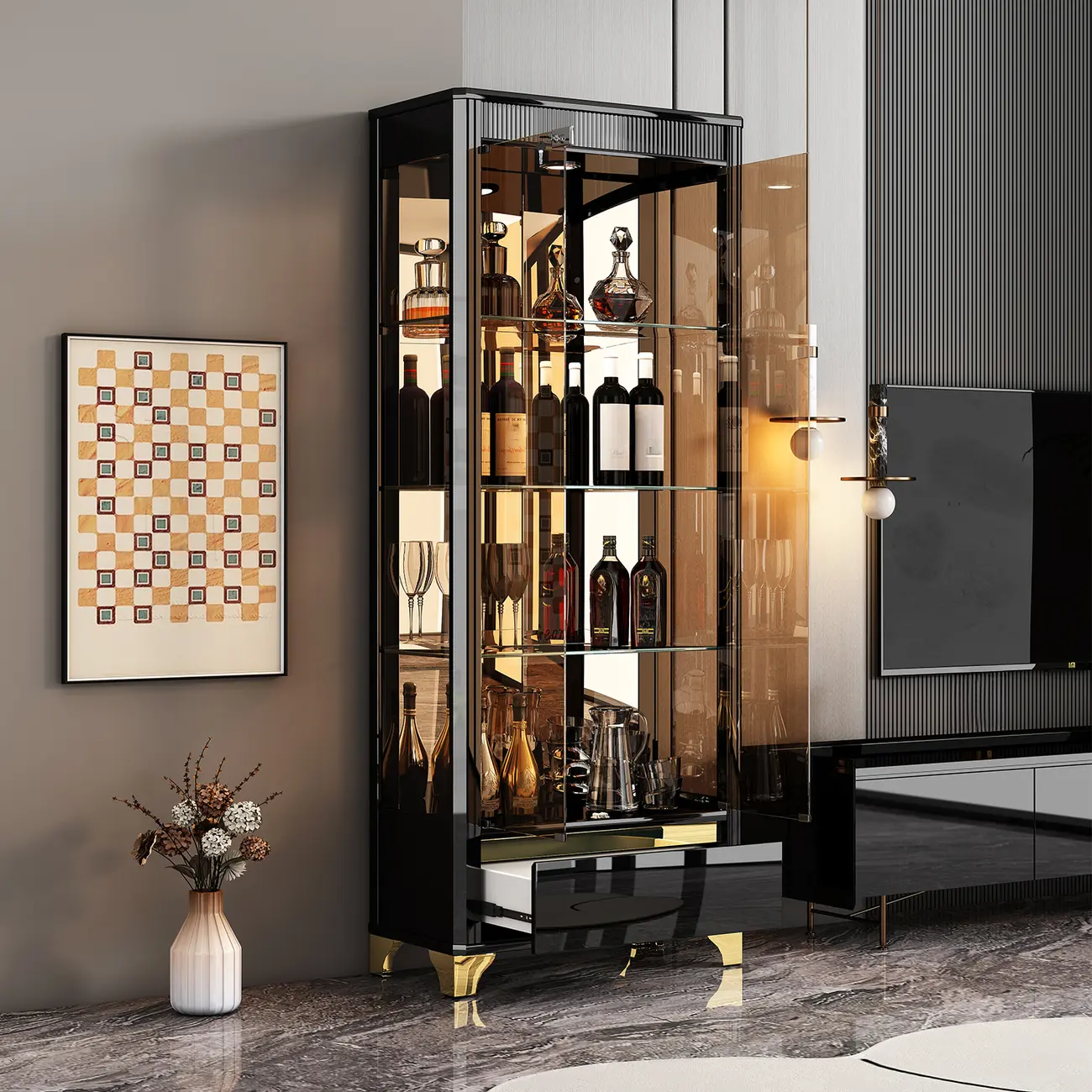 Elegant Black Clear Glass Display Cabinet with Drawers
