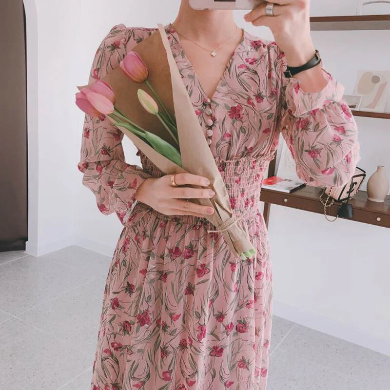 Hulianfu New Flower Dress Women Floral Chiffon Clothes Maxi Dresses Beach Elegant Autumn Pink Korean Long Sleeve V Neck Vestidos De Mujer - Deanwangkt