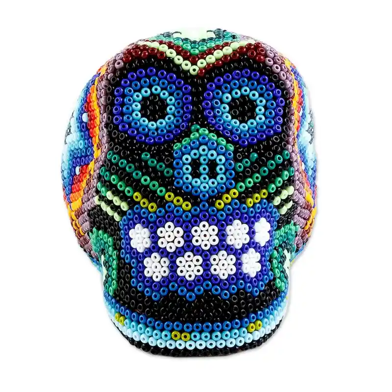 Novica Handmade Huichol Star Huichol Beaded Papier Mache Skull