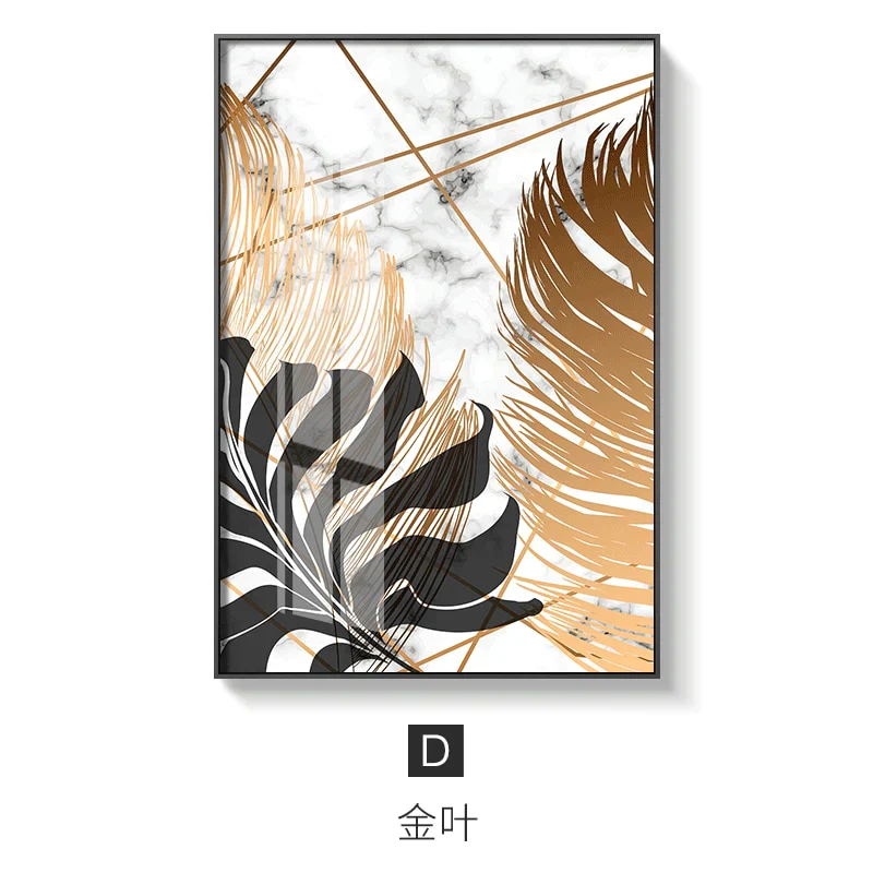 HULIANFU Nordic Golden Abstract Leaf Flower Wall Art Canvas Painting Modern Plant Poster Print Wall Picture Living Room Unique Decoration - Deanwangkt