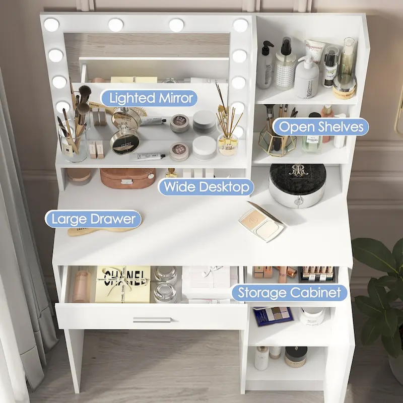 Vanity Desk with Mirror and Lights, Makeup Vanity with Drawer and Storage Shelves, Dressing Table with 3 Lighting Modes