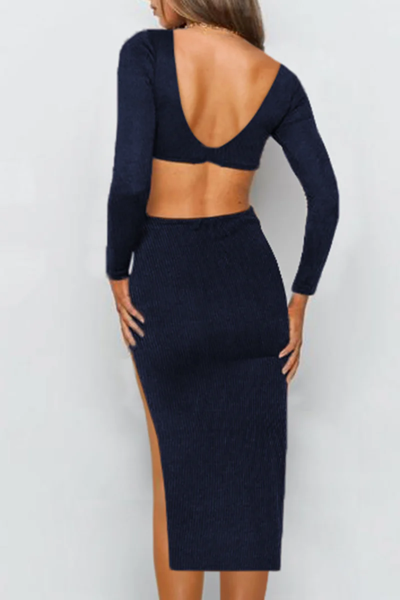 hulianfu Elegant Solid Hollowed Out Backless Slit V Neck Pencil Skirt Dresses - Deanwangkt
