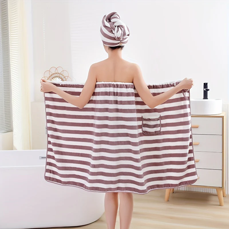 2pcs High Quality Striped Bath Towel Set, 1 Soft Cover Up Towel Skirt + 1 Super Absorbent Hair Drying Towel, Skin-friendly Shower Towel Set Gift, Bathroom Supplies, Home Supplies - Deanwangkt