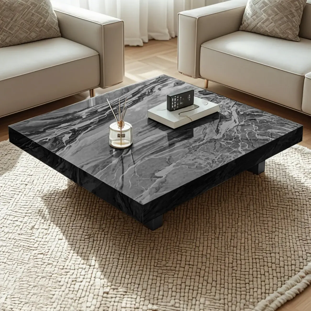 Modern Beige Sintered Stone Square Sleigh Base Coffee Table