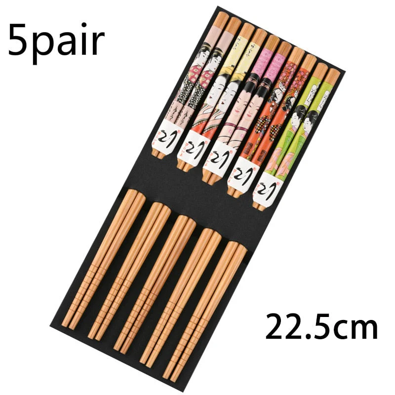 HULIANFU Reusable 5 Pair Set Handmade Bamboo Japanese Natural Wood Chopsticks Sushi Food Cat Flower Multi color Wooden Chop sticks - Deanwangkt