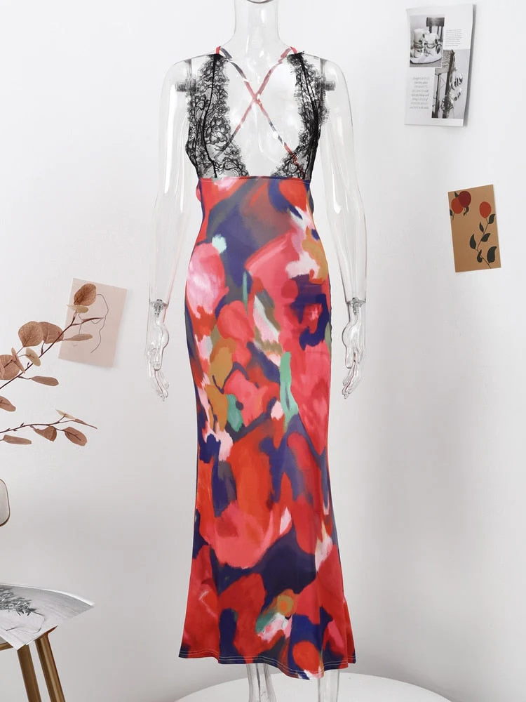 Hulianfu Elegant Tie Dye Floral Chiffon Dress For Women 2026  Summer Sexy Bandage Backless Lace Long Dresses Female Beach Evening Robe - Deanwangkt