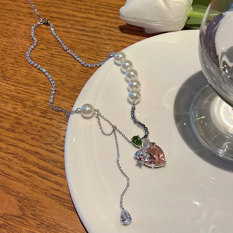 hulianfu Korean Sweet Pink Zircon Love Flowers Waterdrop Necklace For Women Girls Pearl Chain Collar Collarbone Wedding Party - Deanwangkt