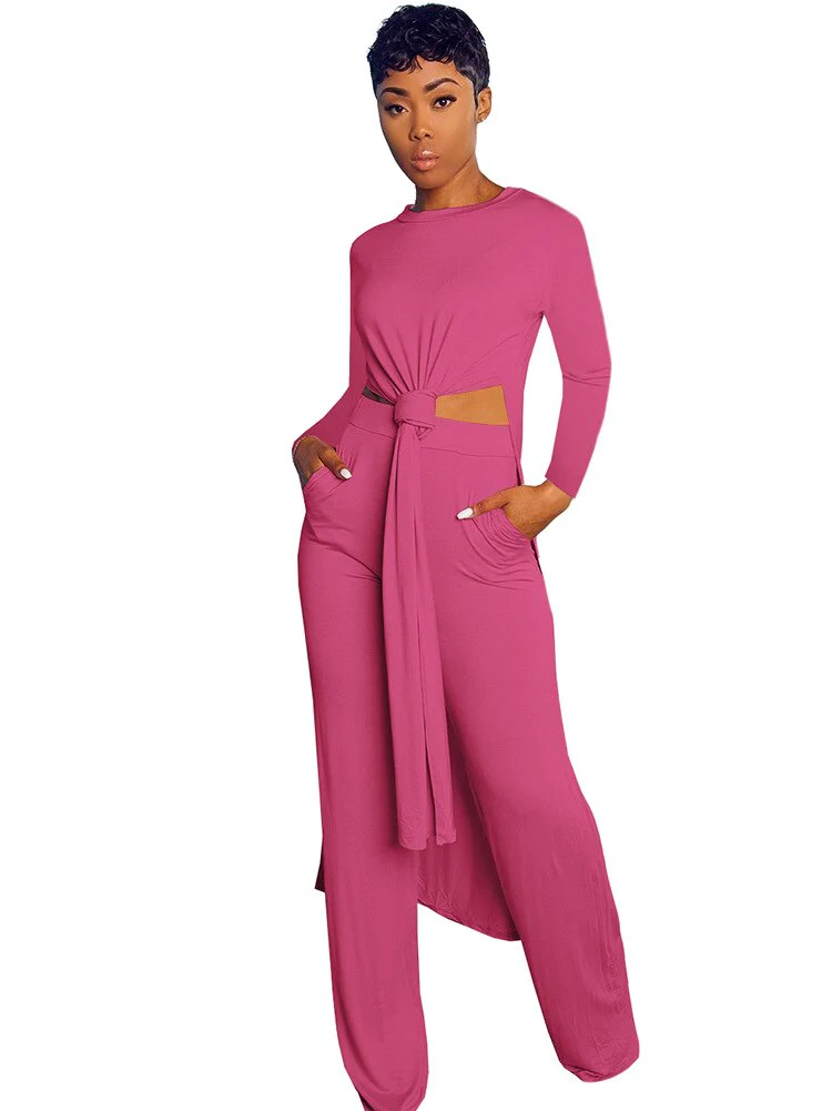 New Arrival Fashion Design two pieces  Sexy Women Set Solid O-neck Long Top  And  Long Pants  Summer  Outfits - Deanwangkt
