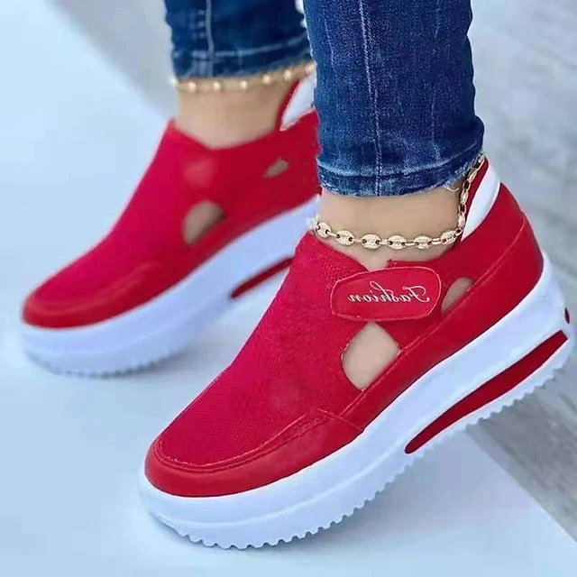 Women's Slip-Ons Pink Shoes Plus Size Platform Sneakers Outdoor Daily Summer Platform Round Toe Sporty Casual Walking Shoes Polyester Synthetics Magic Tape Solid Color Black Pink Red - Deanwangkt