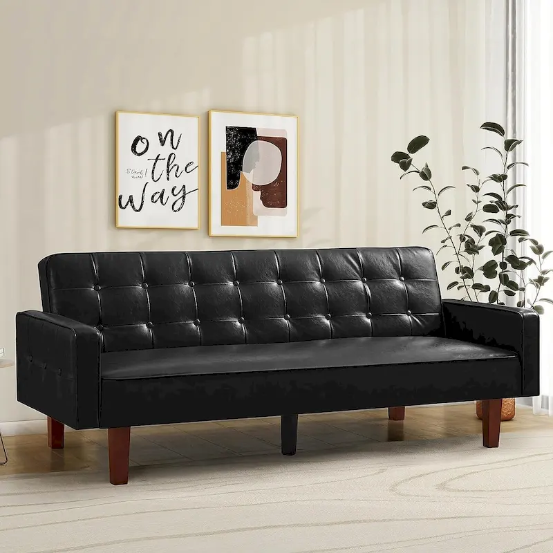 Faux Leather Futon Sofa Bed Sleeper Couch, Mid Century Button Tufted Upholstered Convertible Sofa Bed with Wooden Legs