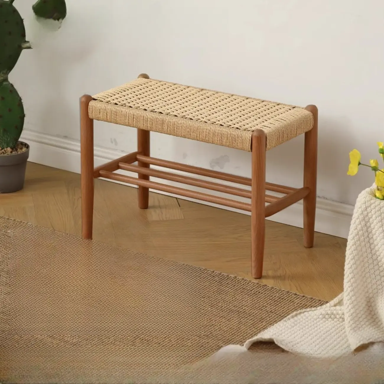 Short Tropical Rattan Entryway Bench with Shelf