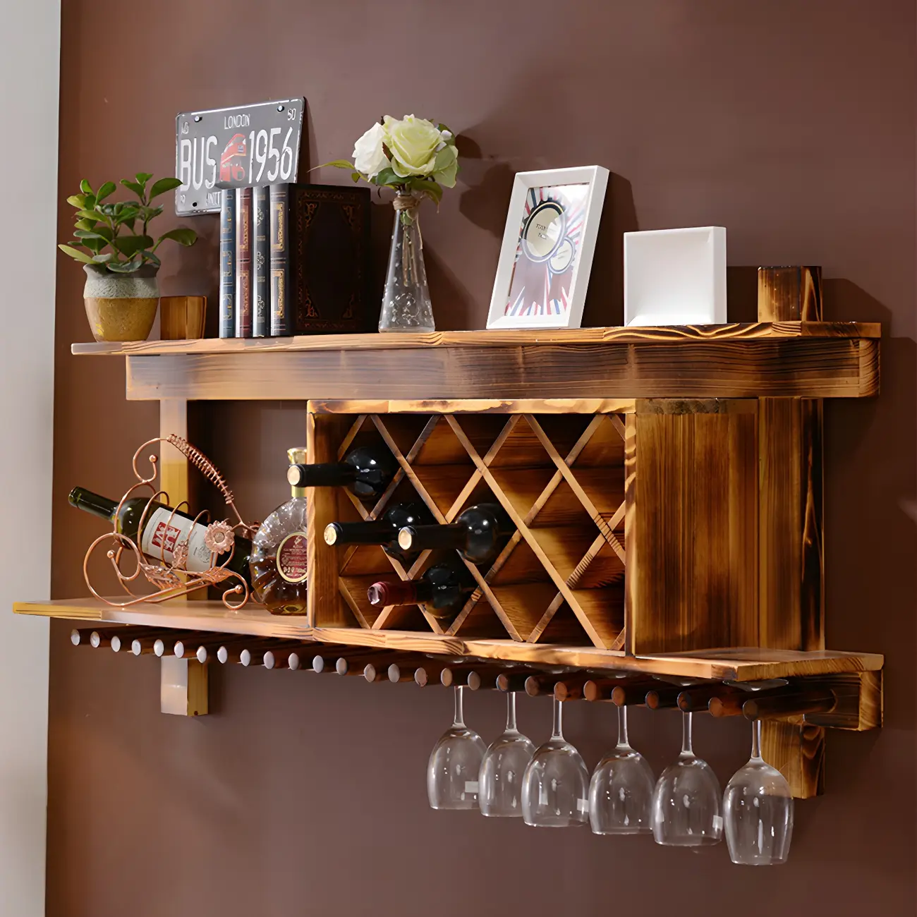 Pine Wooden Wall-Mounted Display Open Wine Bottle & Glass Rack
