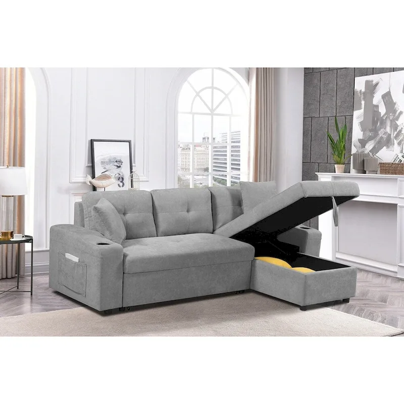 Upholstered Pull Out Sectional Sofa with Storage Chaise