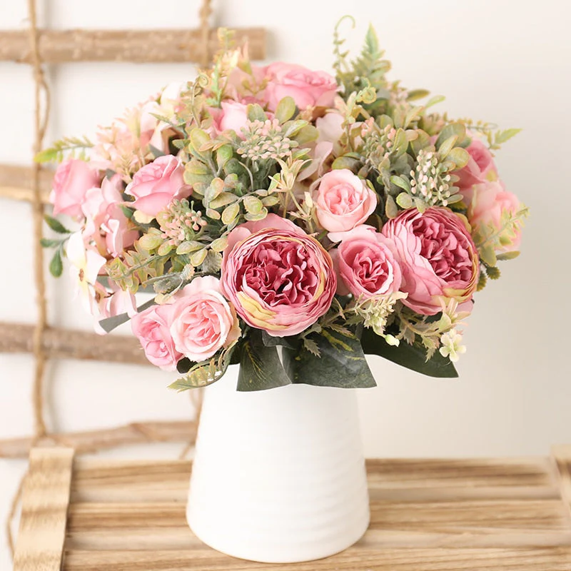 HULIANFU White Silk Artificial Roses Flowers Wedding Home Autumn Decoration High Quality Big Bouquet Luxury Fake Flower Arrangement Bulk - Deanwangkt