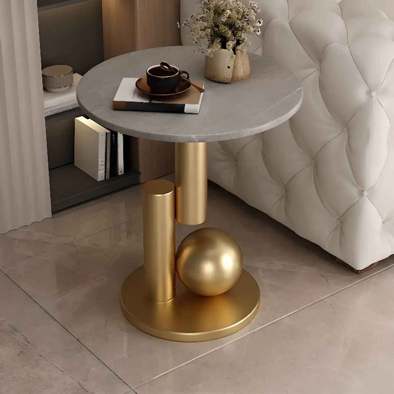 Glam Round Stone Top End Table Abstract Base