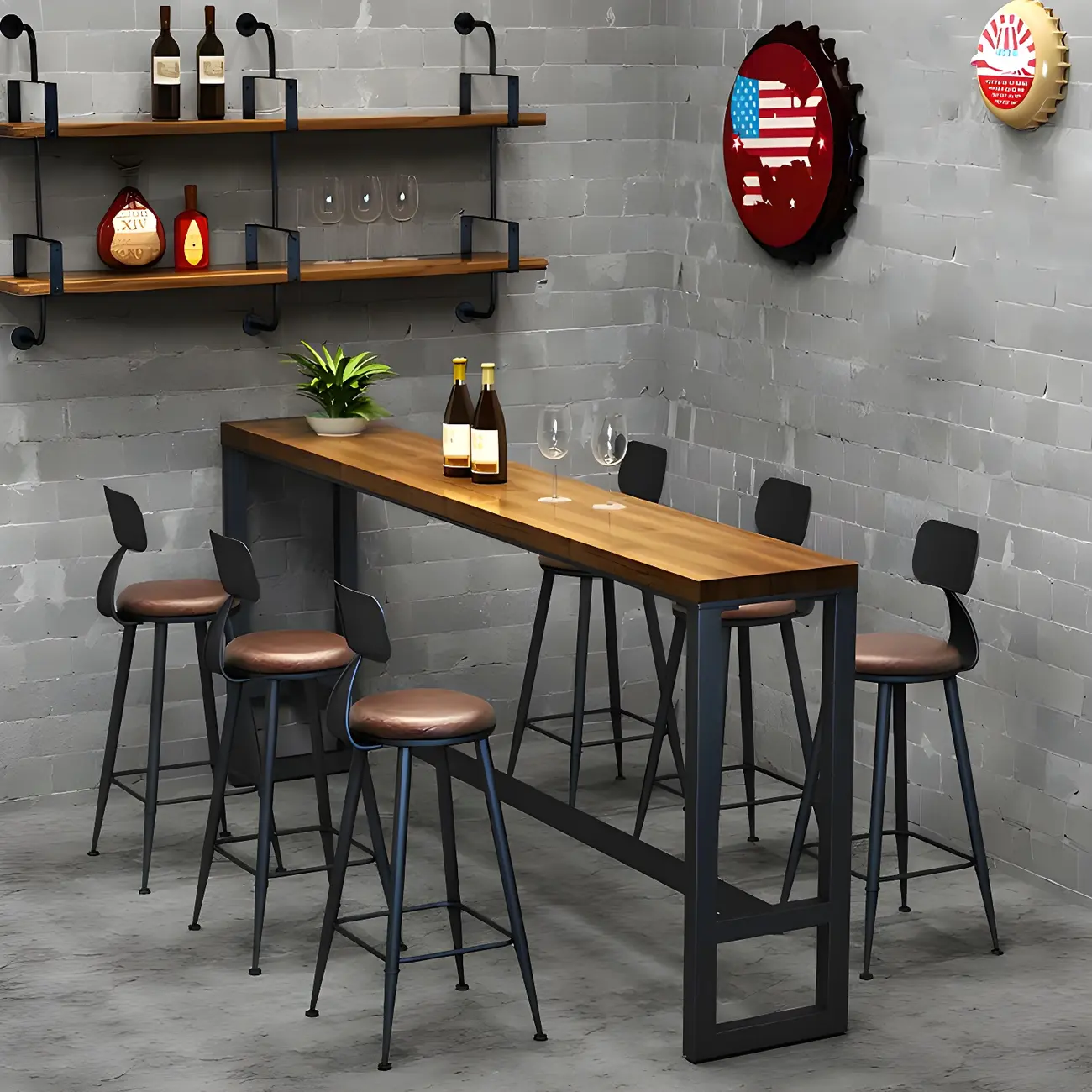 Modern Wooden Bar Height Table with Metal Base Design