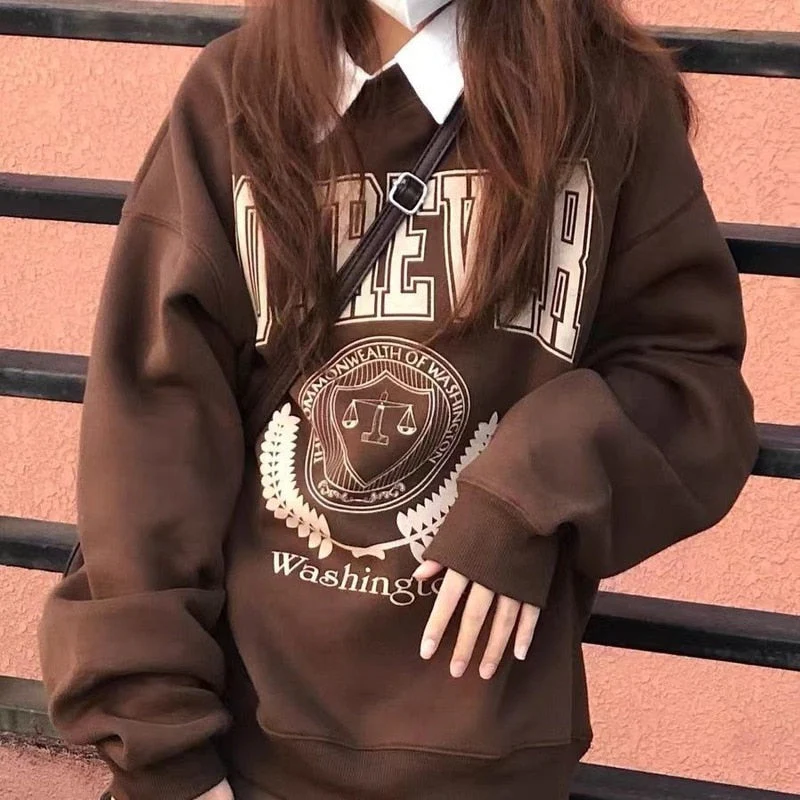 hulianfu Y2K Vintage Brown Sweatshirts Women Streetwear Egirl Aesthetic Letter Oversize Hoodies Harajuku Korean Style Female - Deanwangkt