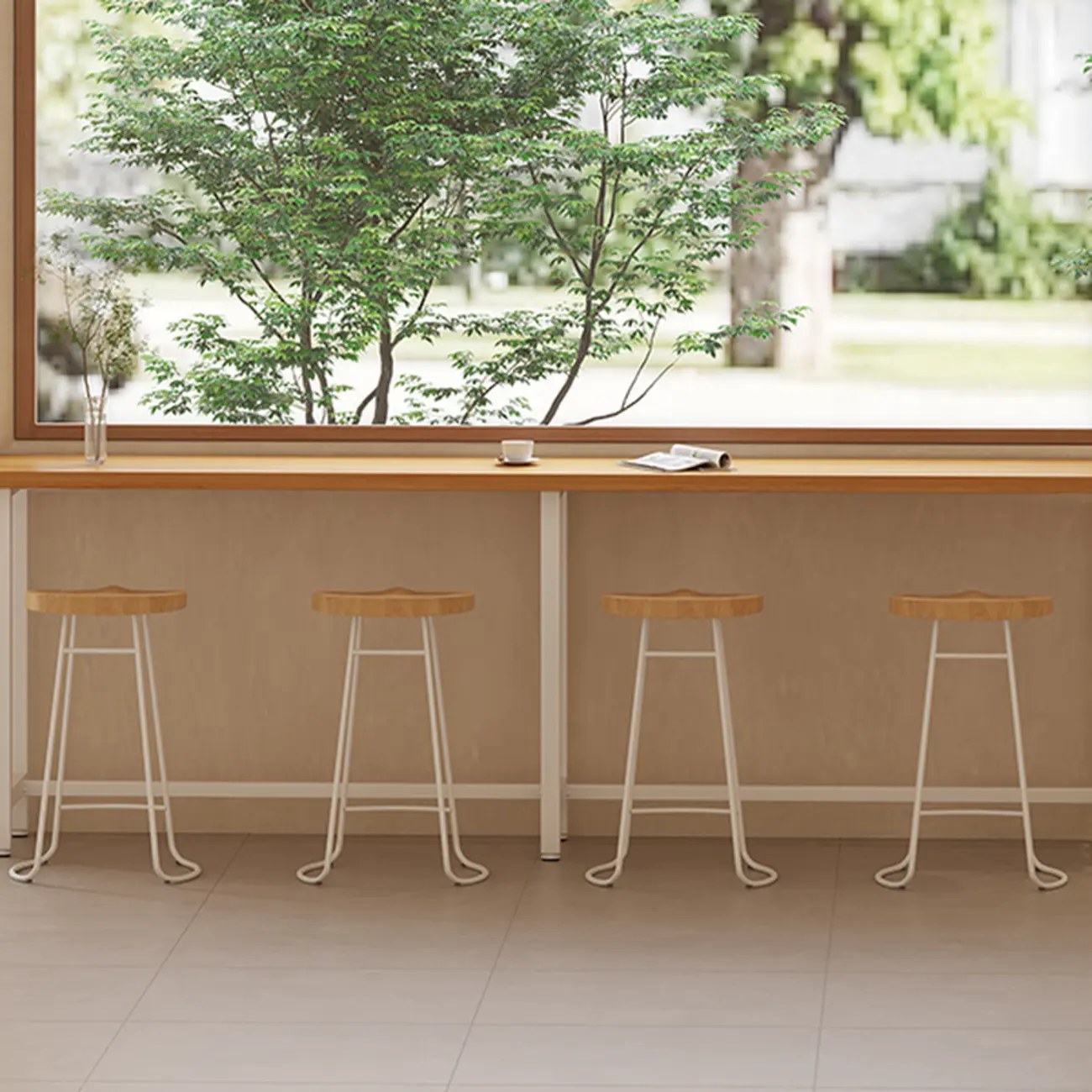 Natural Wooden Top Bar Table Metal Base with Footrest