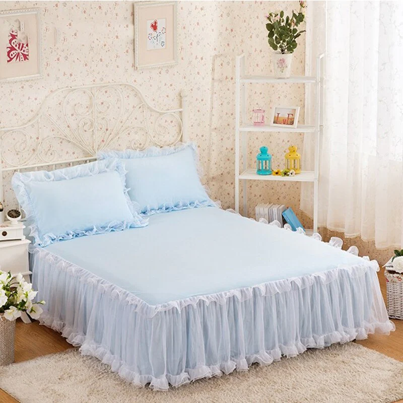 HULIANFU Pink Lace Lotus Leaf Lace Bed Skirts Princess Style Solid Color Bedspread Bed Cover Non-Slip Sheets Without Pillowcase - Deanwangkt