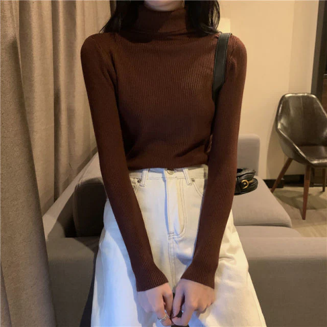 Women's Autumn Winter Turtleneck Pullovers Sweater Woman Primer Shirt Long Sleeve Short Slim-fit tight Jumper Top Solid - Deanwangkt