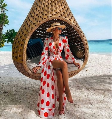 Leaves Print Bikini Beach Cover up Tunics for Beach Long Kaftan Bikini Cover up Robe de Plage Sarong Beach Swimsuit cover-ups - Deanwangkt