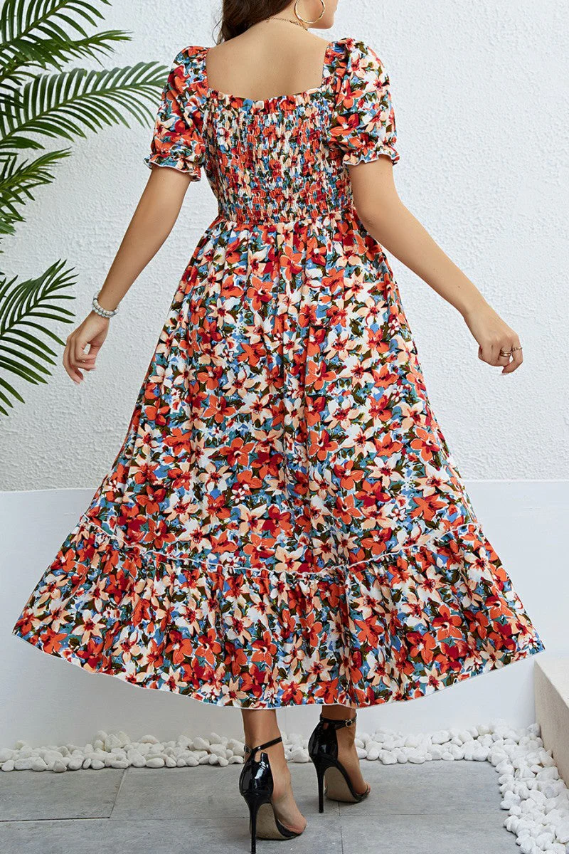 hulianfu Casual Print Patchwork Square Collar Short Sleeve Dress Plus Size Dresses - Deanwangkt