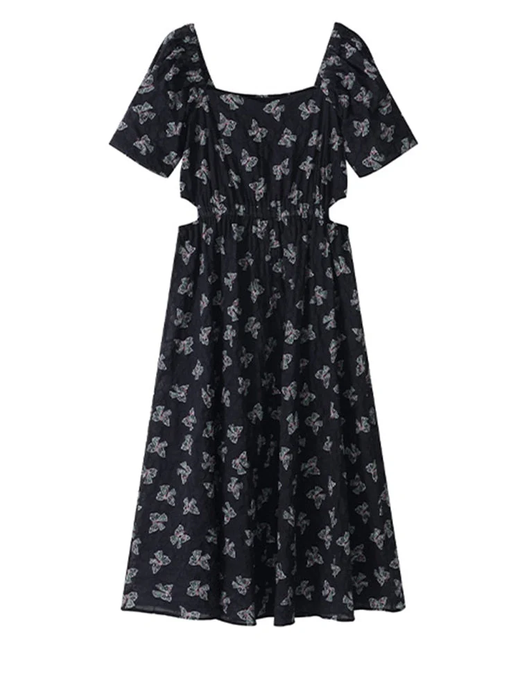 Hulianfu Vintage Black Square Collar Bandage Puff Sleeve Print Chiffon Midi Maxi Dresses for Women Party Dress Korea Clothing Summer - Deanwangkt