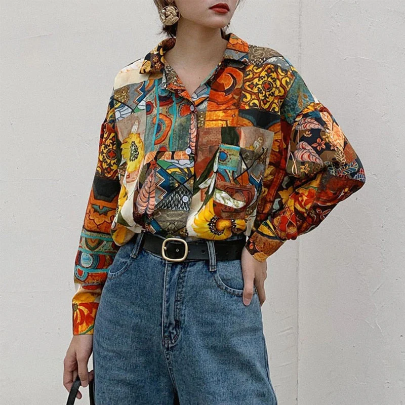 Women Retro Sunflower Print Shirt Oil Painting Print Design Blouse Girl Loose Lapel Tops and Blouses New - Deanwangkt