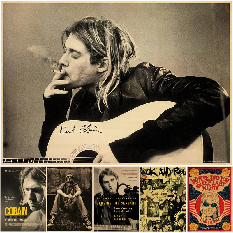 HULIANFU Singer Kurt Cobain Posters Rock and Roll Music Retro Kraft Paper Sticker DIY Vintage Room Bar Cafe Decor Gift Art Wall Paintings - Deanwangkt