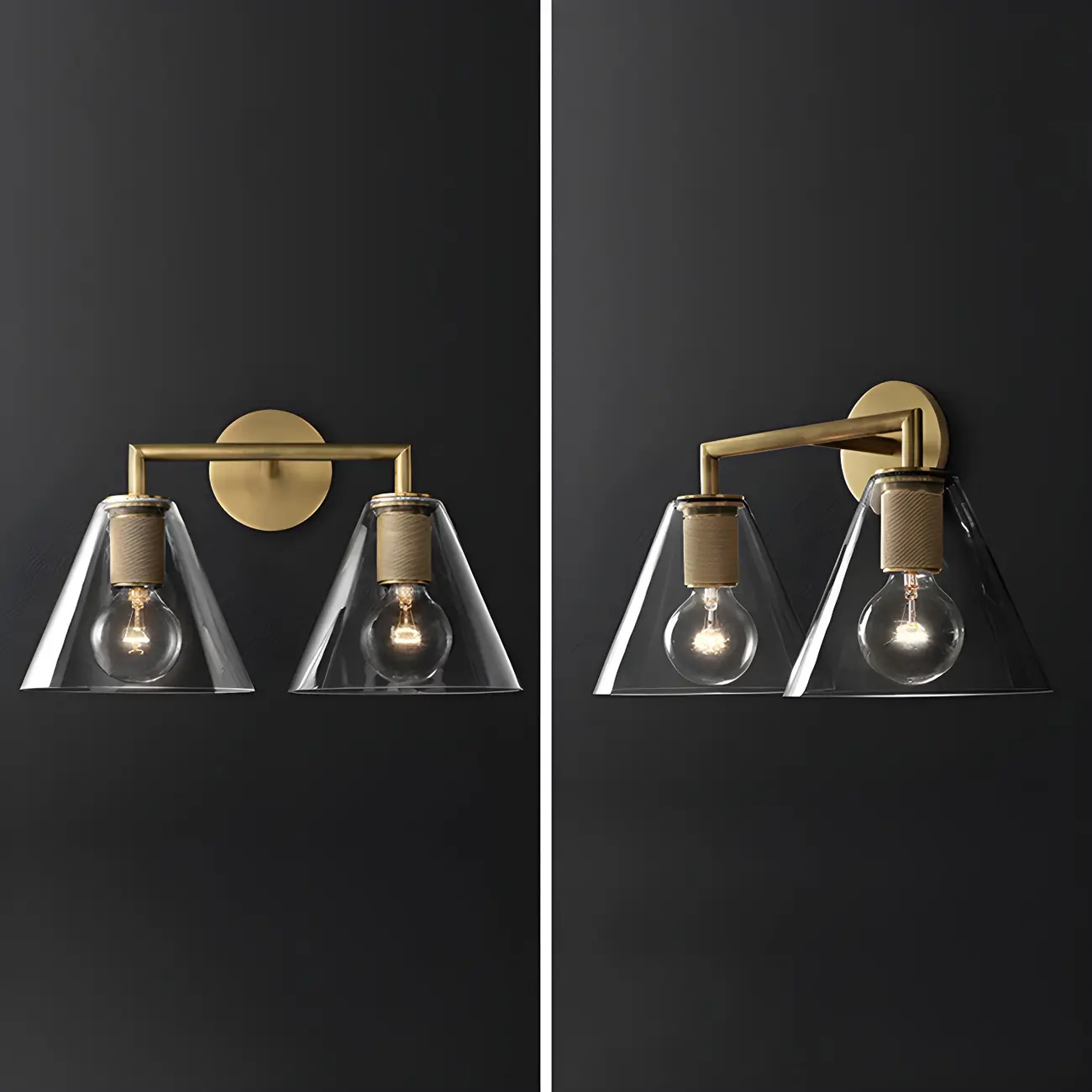 Industrial Cone Glass Wall Sconce with Brass/Black Finish