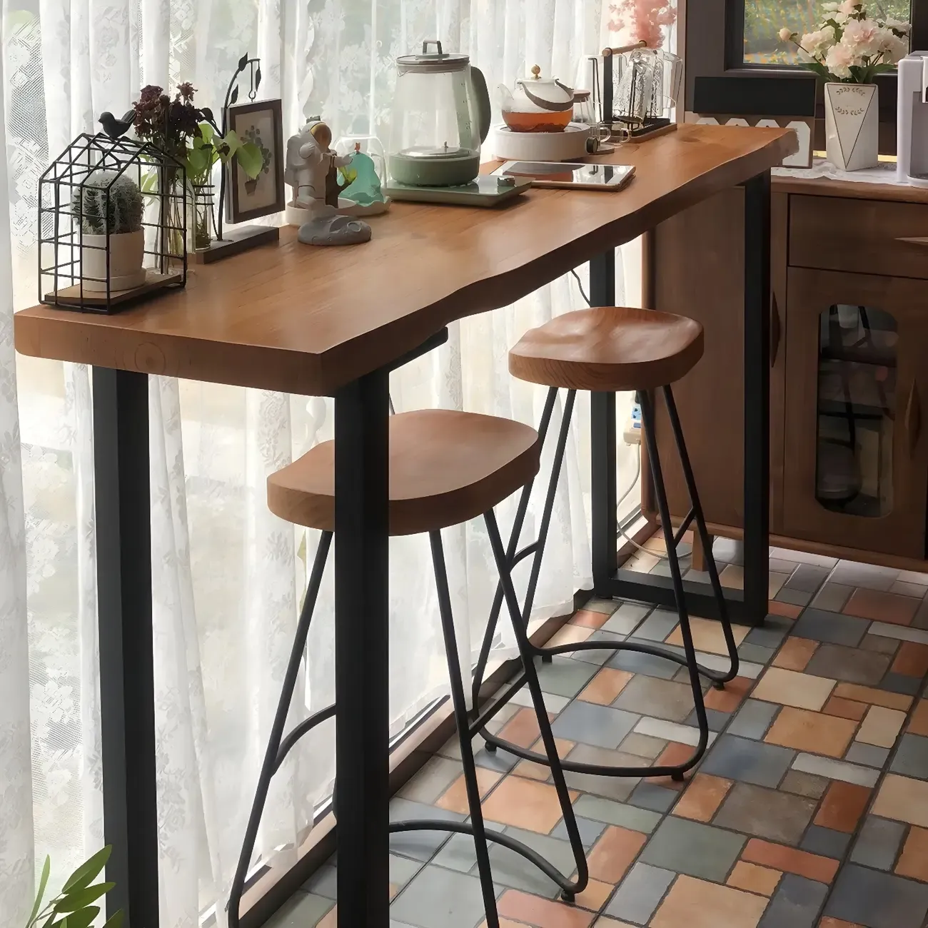 Modern Brown Wood Iron Sled Bar Table for Pub