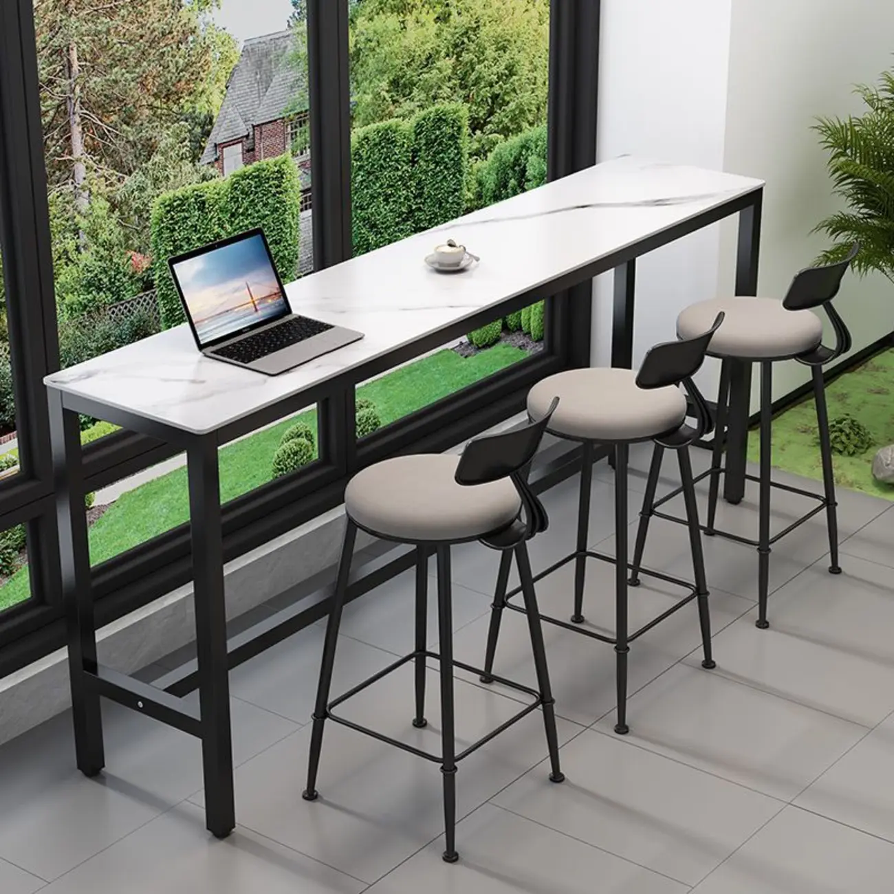 Modern Dove Grey Stone Top Steel Footrest Bar Tables