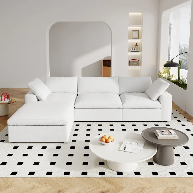 120 L-shaped Modern Sectional Sofa Linen Modular Sofa Couch with Storage Ottoman