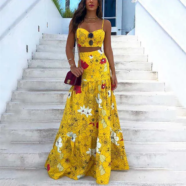 Two Piece Dress Floral Print Summer Dresses For Women  Two Piece Skirt Set Spaghetti Strap Crop Top And Maxi Long Skirt Party 2 Piece Sets T230113 - Deanwangkt